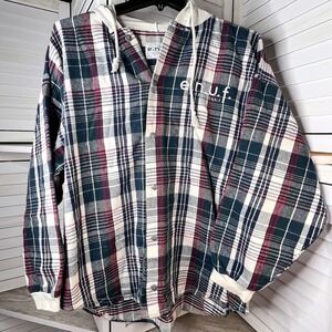 e.n.u.f. Internationale Plaid Metal Button Hood Flannel USA Women's Lg Vtg! FLAW